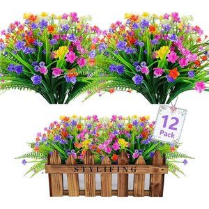 12 Bundles Artificial Flowers for Outdoor Decoration, UV Resistant Shrubs Plants